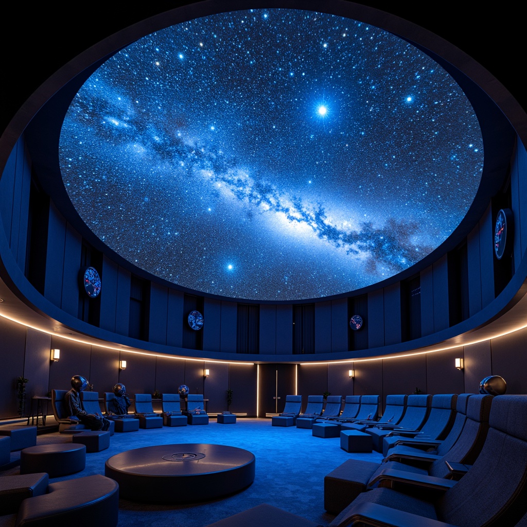 Prompt: \Cosmic planetarium interior, starry night sky projection, dome-shaped ceiling, immersive audio system, sound-absorbing panels, plush seating, dark blue walls, twinkling LED lights, constellation patterns, spherical speakers, 3D audio technology, surround sound effects, acoustic diffusers, soundproofing materials, minimal reverberation, clear vocal clarity, soft ambient lighting, futuristic design elements, metallic accents, comfortable audience seating, interactive astronomy exhibits.\