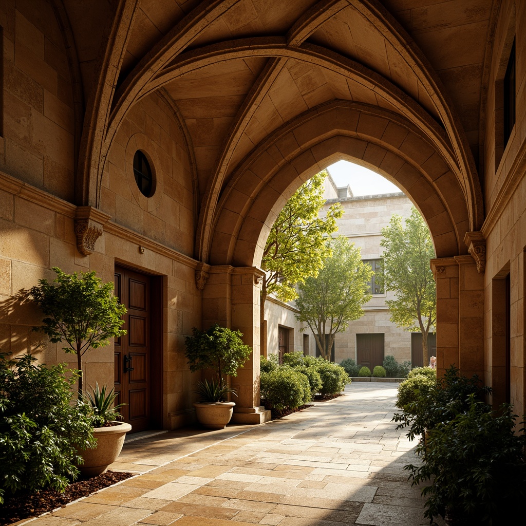 Prompt: Romanesque archway, rustic stone walls, vaulted ceilings, grand entrance, ornate carvings, Gothic-inspired details, natural light pouring through, warm earthy tones, lush greenery surroundings, historic ambiance, serene atmosphere, low-angle shot, warm golden lighting, shallow depth of field, 2/3 composition, realistic textures, ambient occlusion.