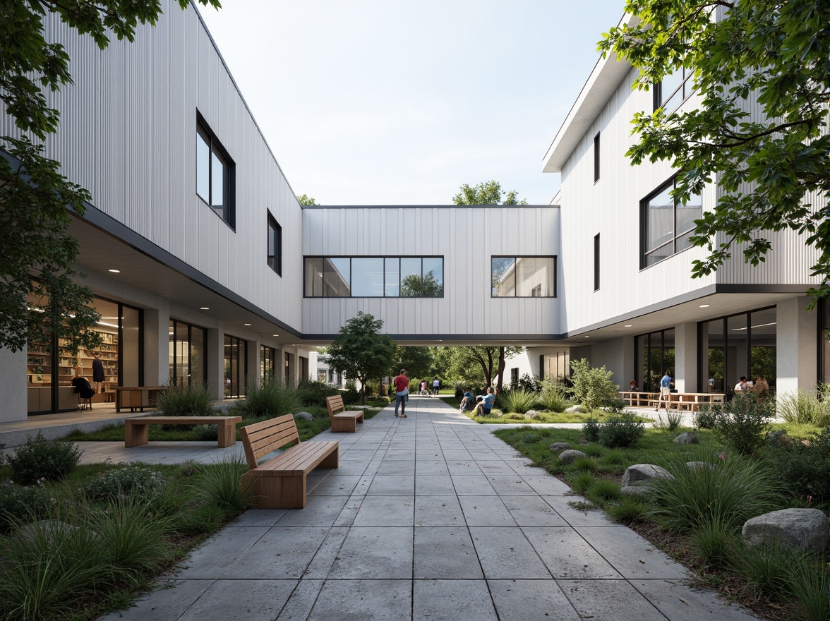 Prompt: Streamlined modern school building, minimalist architecture, clean lines, rectangular shapes, neutral color palette, glass facades, metal frames, open-air courtyard, lush greenery, native plants, natural stone pathways, wooden benches, educational signage, ambient outdoor lighting, soft shadows, 1/2 composition, wide-angle lens, realistic textures, subtle depth of field.