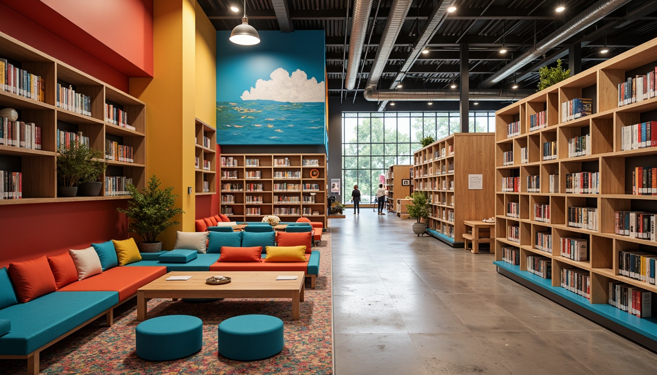 Prompt: Vibrant library interior, bold color blocking, geometric shapes, modern structuralism architecture, industrial chic aesthetic, exposed ductwork, polished concrete floors, floor-to-ceiling bookshelves, cozy reading nooks, warm wooden accents, natural light pouring in, soft warm lighting, shallow depth of field, 1/1 composition, realistic textures, ambient occlusion, bold typography, educational signage, interactive exhibits, collaborative workspaces, quiet individual study areas.