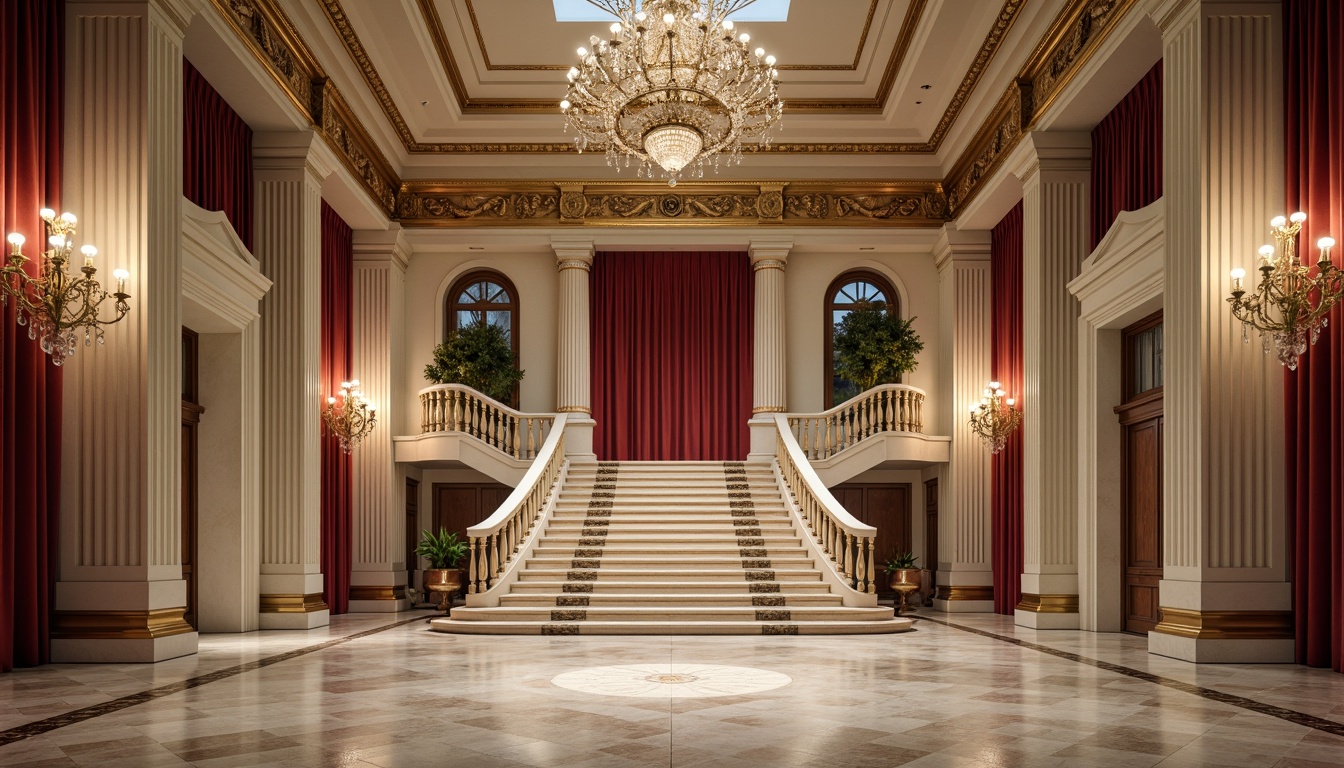 Prompt: Grandiose columns, ornate moldings, luxurious marble floors, symmetrical facades, neoclassical arches, rich velvet drapes, gilded accents, crystal chandeliers, majestic staircases, elegant proportions, refined lines, subtle ornamentation, soft warm lighting, 1/2 composition, shallow depth of field, realistic textures, ambient occlusion.