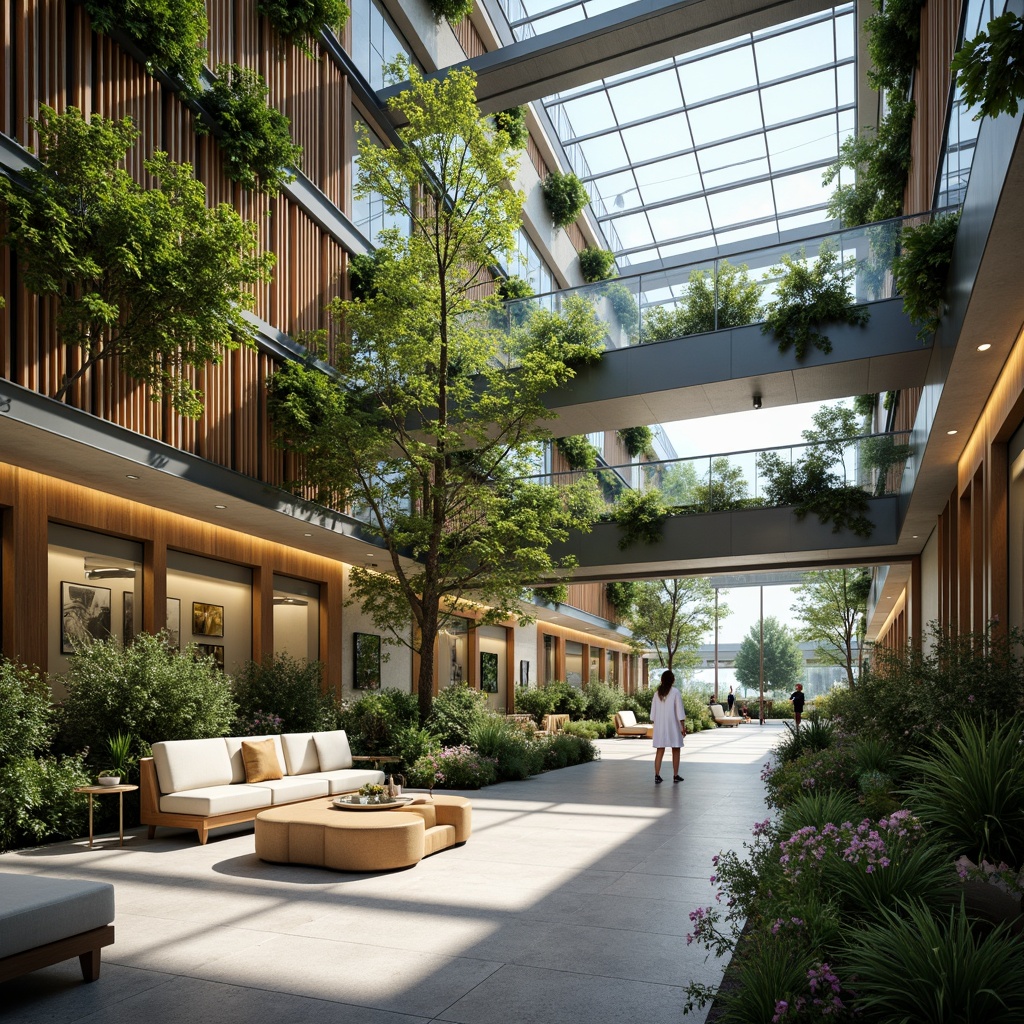 Prompt: Natural light-filled atriums, lush green walls, calming water features, comfortable seating areas, warm wood accents, minimalist decor, sleek metal frames, abundant plants, calming color schemes, soft ambient lighting, shallow depth of field, 3/4 composition, panoramic view, realistic textures, ambient occlusion, modern healthcare architecture, open floor plans, flexible waiting areas, private consultation rooms, advanced medical equipment, cutting-edge technology integration.