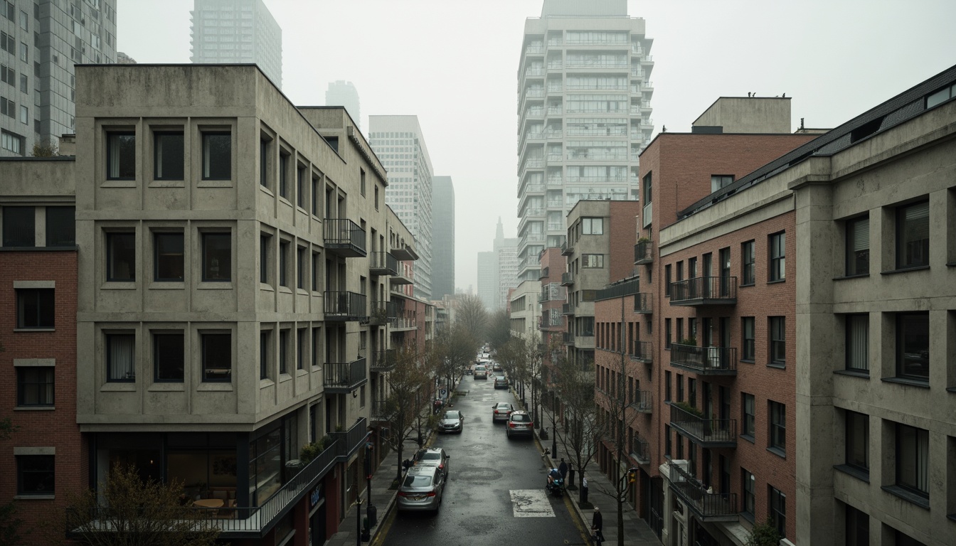 Prompt: Rugged concrete buildings, fortress-like structures, brutalist fa\u00e7ades, angular lines, raw industrial materials, urban cityscape, dense metropolitan area, busy streets, modern skyscrapers, abstract sculptures, geometric patterns, muted color palette, dramatic shadows, high contrast lighting, cinematic composition, atmospheric fog, gritty textures, realistic render.