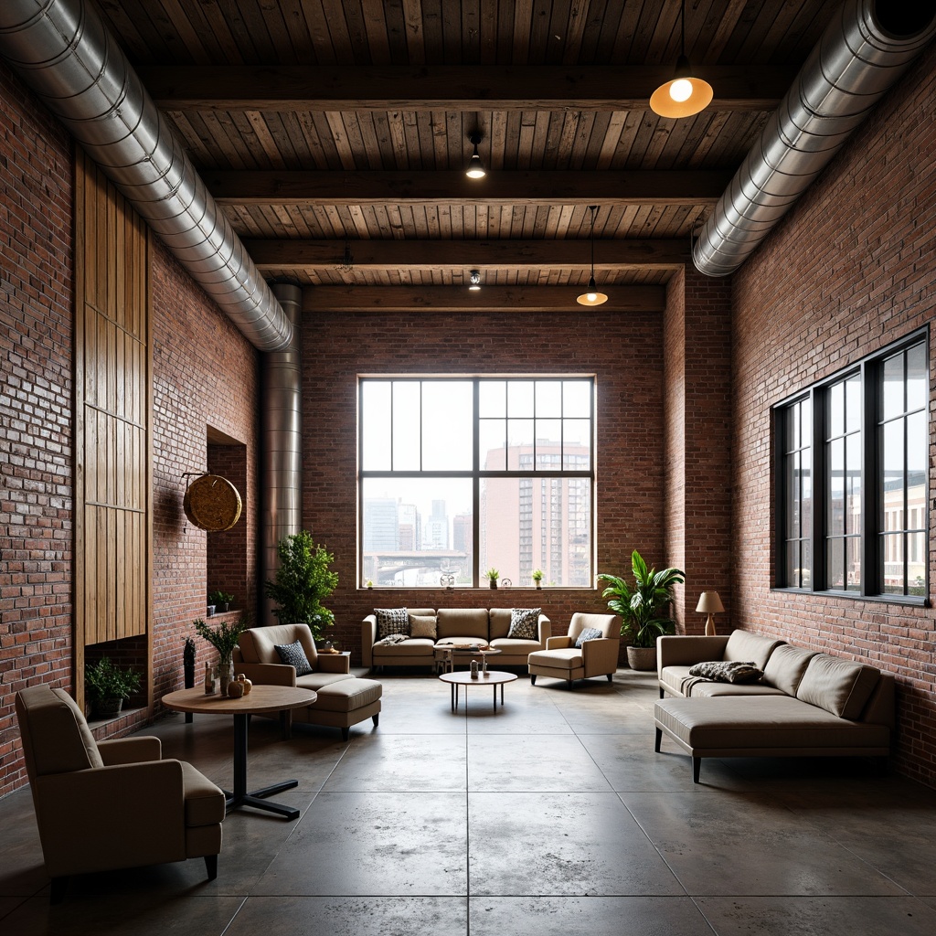 Prompt: Exposed brick walls, metal beams, reclaimed wood accents, industrial-style lighting fixtures, concrete floors, urban cityscape views, converted warehouse spaces, modern minimalist decor, functional pipes and ductwork, distressed textures, high ceilings, open floor plans, natural light pouring in, soft warm glow, shallow depth of field, 1/2 composition, realistic renderings, ambient occlusion.