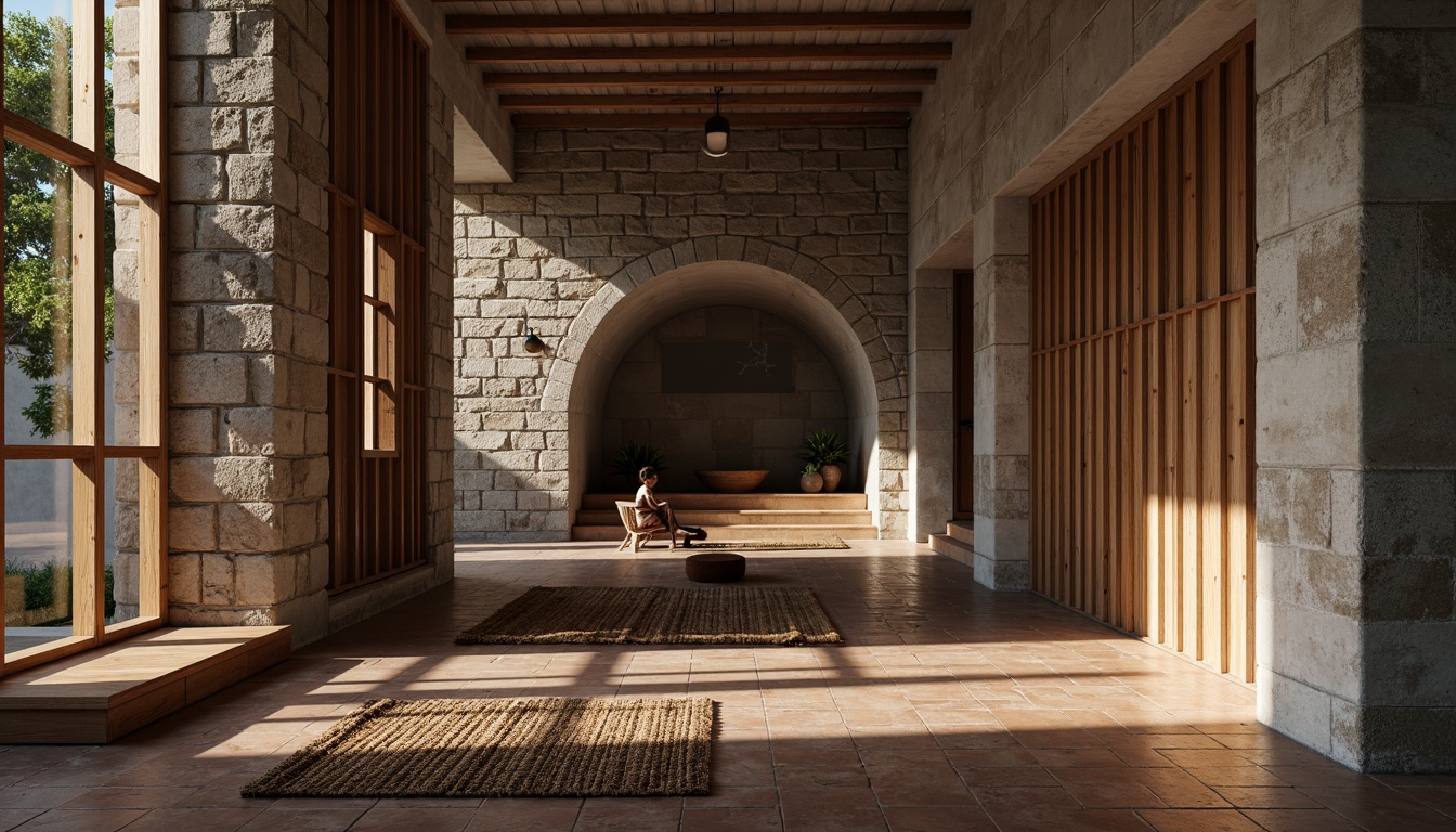 Prompt: Rough stone walls, distressed wood panels, polished metal accents, organic curves, brutalist concrete, tactile brick textures, geometric patterned tiles, natural fiber rugs, earthy color palette, warm ambient lighting, high-contrast shadows, cinematic composition, wide-angle lens, shallow depth of field, realistic material rendering.