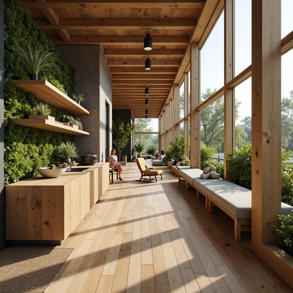 Prompt: Eco-friendly interior design, natural materials, reclaimed wood accents, low-VOC paints, bamboo flooring, sustainable fabrics, recycled glass countertops, energy-efficient lighting, solar-powered decorative elements, green roofs, living walls, organic textiles, minimalist aesthetic, soft warm lighting, shallow depth of field, 1/1 composition, realistic textures, ambient occlusion.