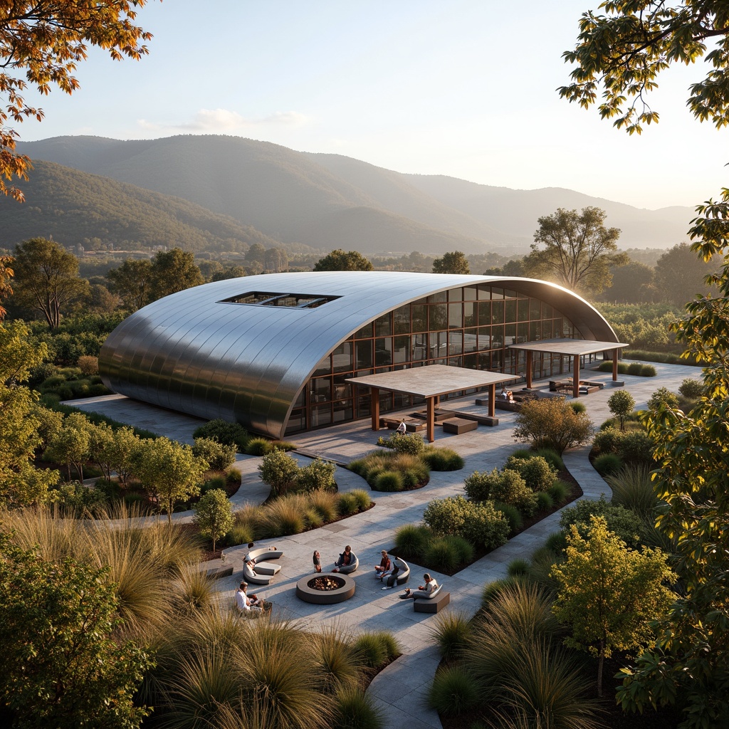 Prompt: Modern winery building, sleek glass facade, stainless steel accents, curved lines, minimalist design, surrounding lush green vineyards, rolling hills, mature trees, rustic stone pathways, contemporary outdoor furniture, fire pit gathering areas, soft warm lighting, shallow depth of field, 3/4 composition, panoramic view, realistic textures, ambient occlusion, vibrant autumn foliage, misty morning atmosphere, tranquil ambiance, innovative irrigation systems, sustainable water management, eco-friendly landscaping materials.