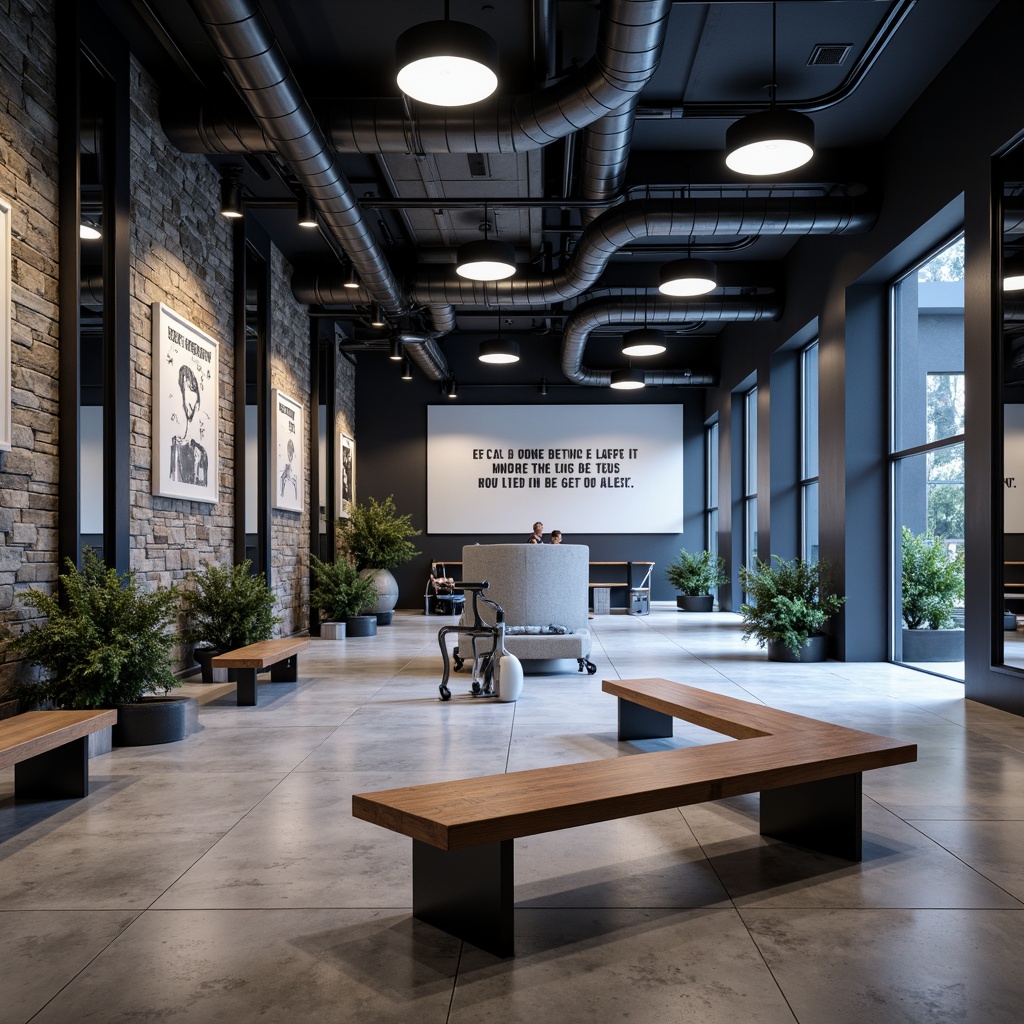 Prompt: Modern fitness club interior, industrial-style exposed ductwork, polished concrete floors, textured stone walls, metallic accents, sleek wooden benches, mirrored columns, motivational quotes, futuristic LED lighting, atmospheric misting system, dynamic shadows, high-contrast color scheme, 1/2 composition, realistic reflections, ambient occlusion.