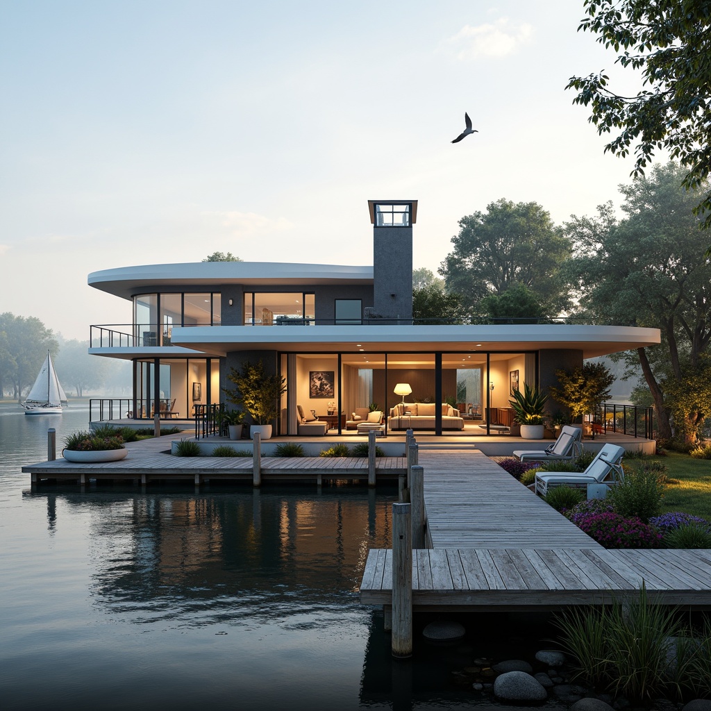 Prompt: Luxurious boathouse, sleek modern architecture, waterfront promenade, nautical-themed decorations, rustic wooden docks, tranquil lake views, soft warm lighting, misty morning atmosphere, shallow depth of field, 1/1 composition, realistic water reflections, ambient occlusion, lavish interior designs, plush furnishings, floor-to-ceiling windows, sliding glass doors, private balconies, scenic outdoor spaces, sailboats, yachts, seagulls flying overhead.