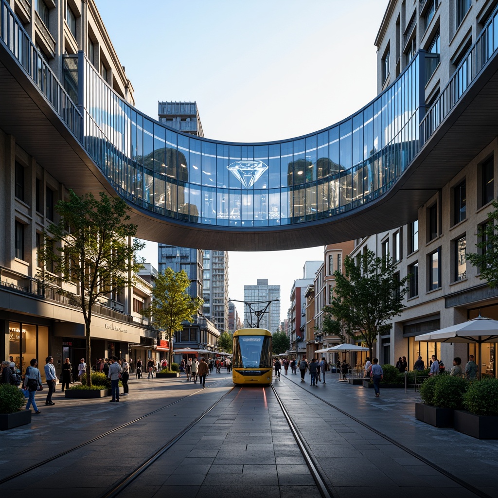 Prompt: Futuristic tram station, curved glass facade, dynamic LED lighting, sleek metal frames, cantilevered roofs, open-air platforms, urban cityscape, bustling streets, morning rush hour, soft warm glow, shallow depth of field, 1/1 composition, symmetrical architecture, modern minimalist style, sustainable materials, energy-efficient systems, green walls, vertical gardens, geometric patterns, bold colorful accents, futuristic typography.