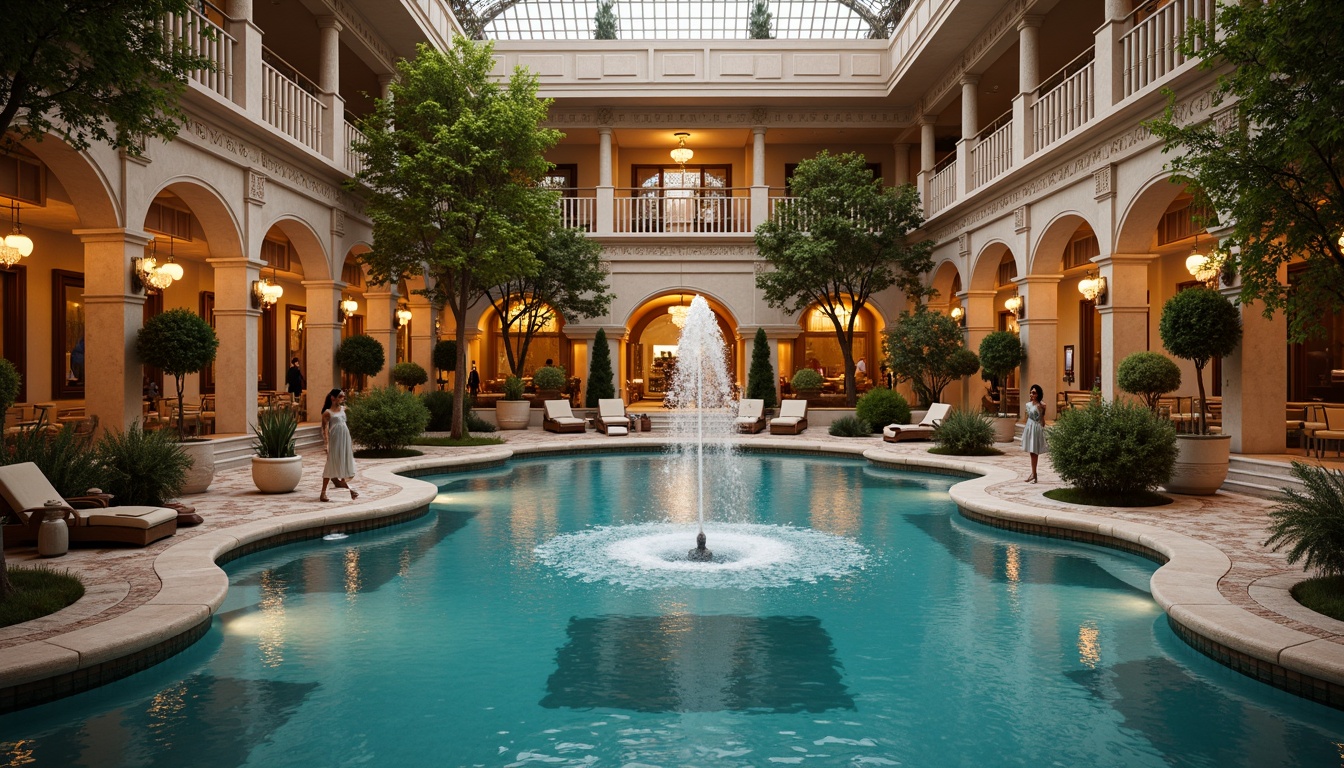 Prompt: Ornate swimming pool, grandiose fountains, majestic statues, curved staircases, ornamental railings, lavish mosaics, sunken pools, grotto-inspired niches, dramatic archways, sweeping colonnades, decorative pilasters, intricate carvings, opulent chandeliers, warm golden lighting, soft focus blur, shallow depth of field, 2/3 composition, symmetrical framing, realistic water reflections.