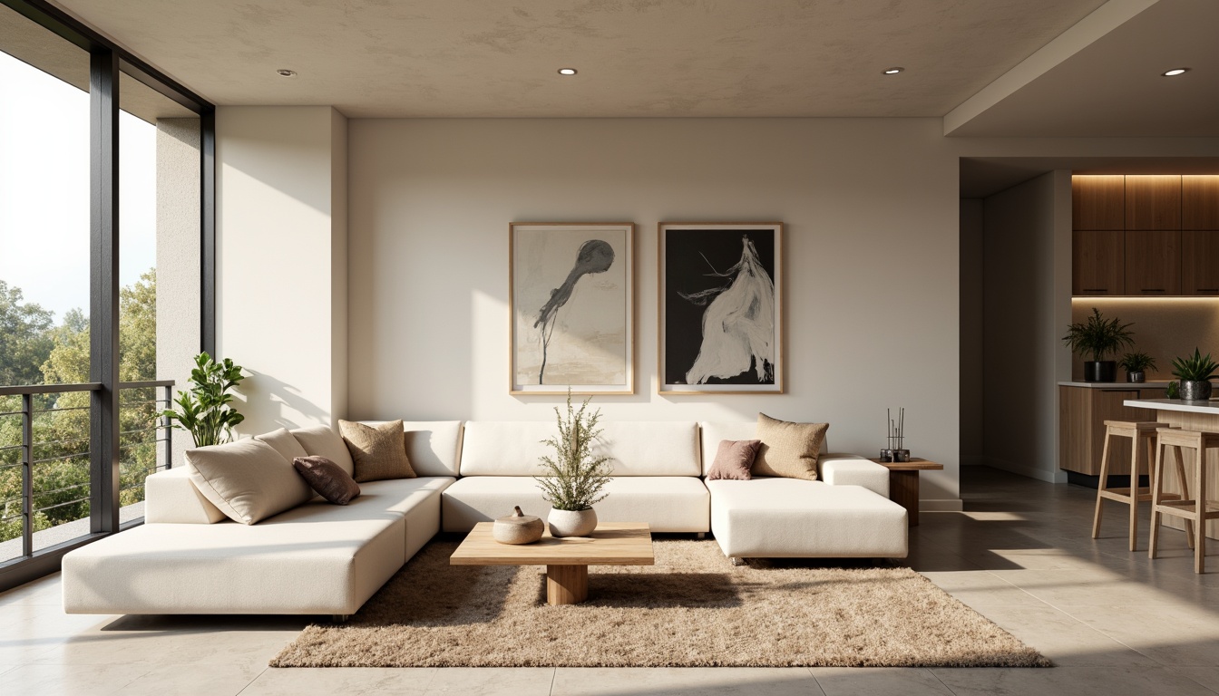 Prompt: Minimalist living room, sleek low-profile furniture, soft beige walls, polished concrete floors, floor-to-ceiling windows, natural light pouring in, modern abstract art pieces, potted greenery, cozy reading nook, plush throw blankets, ambient warm lighting, 1/1 composition, shallow depth of field, realistic textures, subtle color palette, Scandinavian-inspired design, functional storage solutions, hidden kitchen appliances, breakfast bar seating, urban loft atmosphere.