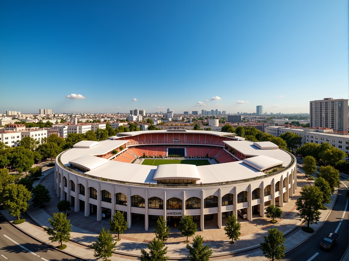 Prompt: Art Deco stadium, curved lines, ornate details, luxurious materials, vibrant colors, palm trees, tropical plants, sun-kissed day, clear blue sky, urban landscape, metropolitan backdrop, modern skyscrapers, bustling streets, pedestrian walkways, grand entrance, sweeping arches, geometric patterns, metallic accents, symmetrical composition, shallow depth of field, 1/2 composition, warm soft lighting, realistic textures, ambient occlusion.