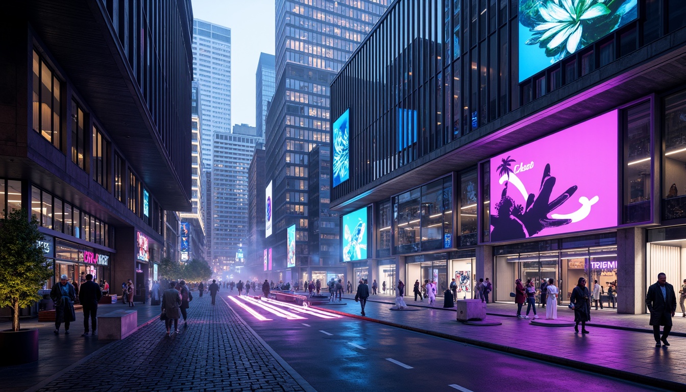 Prompt: Neon-lit cityscape, sleek metallic skyscrapers, iridescent glass facades, holographic advertisements, vibrant purple accents, electric blue hues, neon green highlights, chrome-plated details, glossy black surfaces, angular futuristic shapes, minimalist interior design, ambient LED lighting, 3D-projection mapping, atmospheric misting systems, levitating walkways, cyberpunk-inspired patterns, shimmering silver textiles, geometric abstract art, high-tech gadgetry, panoramic city views, realistic reflections, shallow depth of field.