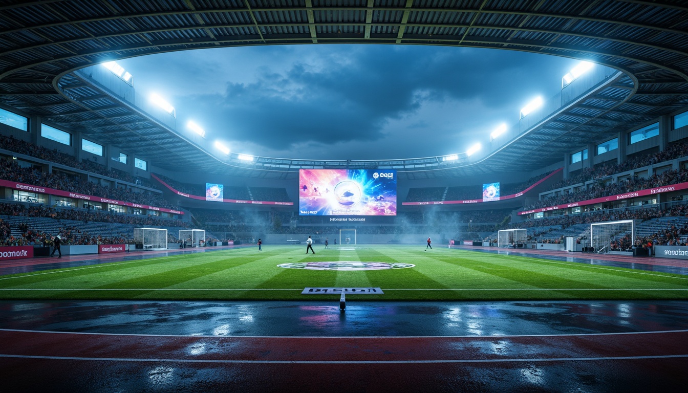 Prompt: Futuristic sports field, neon-lit stadium, iridescent turf, metallic goalposts, glossy athletic tracks, sleek modern scoreboard, holographic advertisements, LED-lit perimeter, translucent roof, misty atmosphere, softbox lighting, shallow depth of field, 1/2 composition, wide-angle lens, realistic reflections, ambient occlusion.