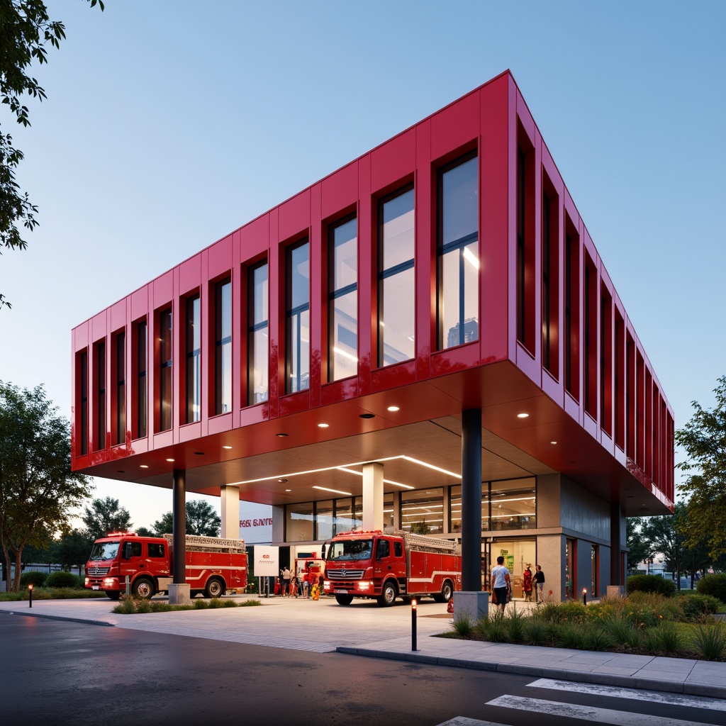 Prompt: Modern fire station, bold red color scheme, metallic fa\u00e7ade, sleek glass windows, alarm systems, fire trucks, rescue equipment, emergency lighting, smoke detectors, sprinkler systems, fire-resistant materials, open floor plans, escape routes, clear signage, evacuation maps, panic buttons, strobe lights, fire extinguishers, hydrants, reflective safety vests, high-visibility markings, daytime natural light, warm color tones, shallow depth of field, 3/4 composition, realistic textures, ambient occlusion.