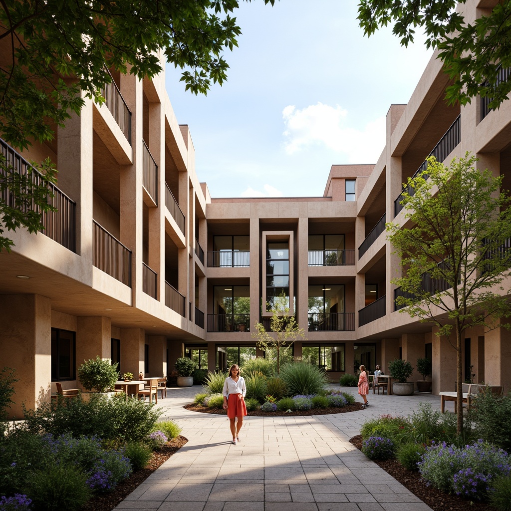 Prompt: Rustic university campus, locally sourced materials, reclaimed wood accents, natural stone fa\u00e7ades, earthy color palette, organic forms, curved lines, brutalist architecture, modern interpretation, open courtyard spaces, shaded walkways, native plant species, verdant landscaping, warm sunny day, soft diffused lighting, 1/2 composition, atmospheric perspective, realistic textures, ambient occlusion.