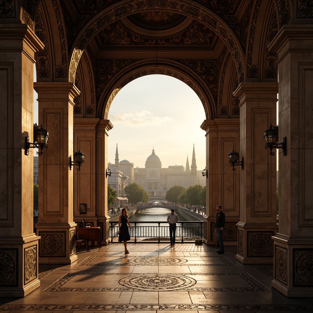 Prompt: Intricate archways, ornate carvings, Byzantine-inspired details, grandiose bridges, majestic river views, historic cityscapes, warm golden lighting, rich stone textures, ornamental metalwork, decorative columns, vibrant mosaic patterns, intricate frescoes, high-contrast shadows, dramatic architectural forms, cinematic composition, atmospheric perspective, warm color palette, soft focus blur.