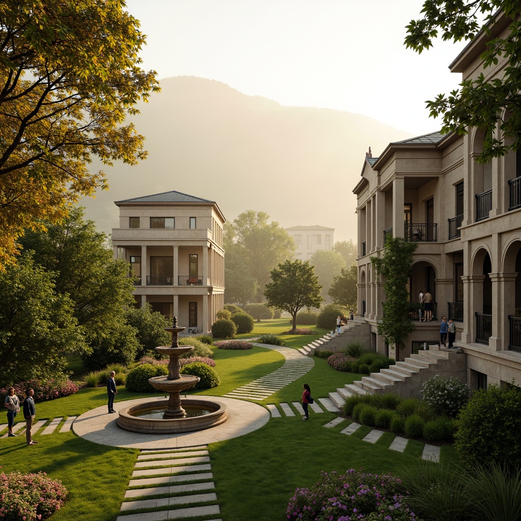 Prompt: Manicured lawns, ornate fountains, statues, symmetrical gardens, grand staircases, neoclassical buildings, ionic columns, arched windows, rustic stone walls, verdant vines, blooming flowers, serene lakes, misty mornings, warm golden lighting, shallow depth of field, 2/3 composition, panoramic view, realistic textures, ambient occlusion.