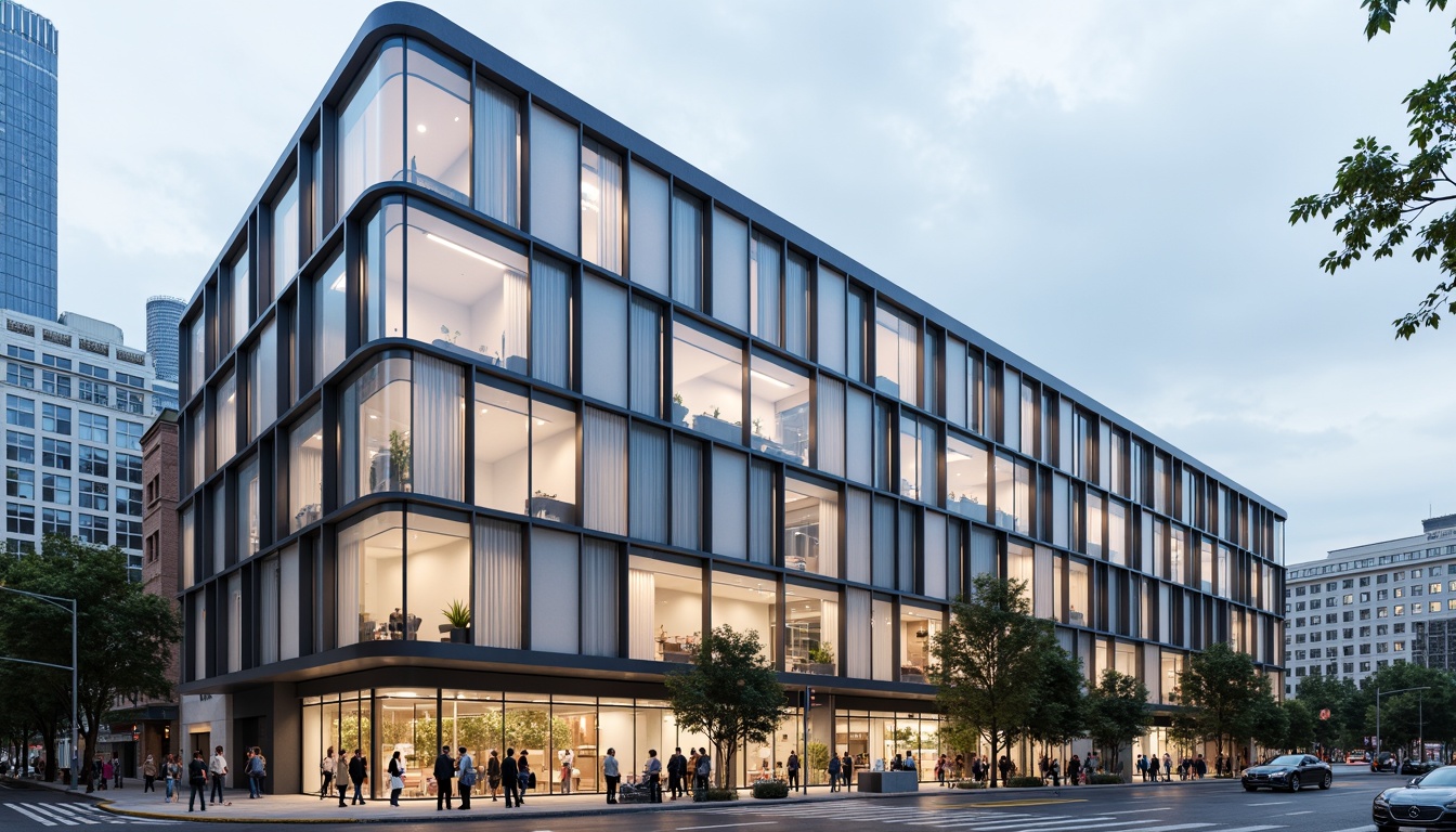 Prompt: Modern office building, translucent facade, natural light diffusion, energy-efficient systems, double-glazed windows, sleek metal frames, minimalist design, urban cityscape, busy street life, cloudy day, soft diffused lighting, shallow depth of field, 1/2 composition, realistic reflections, ambient occlusion.