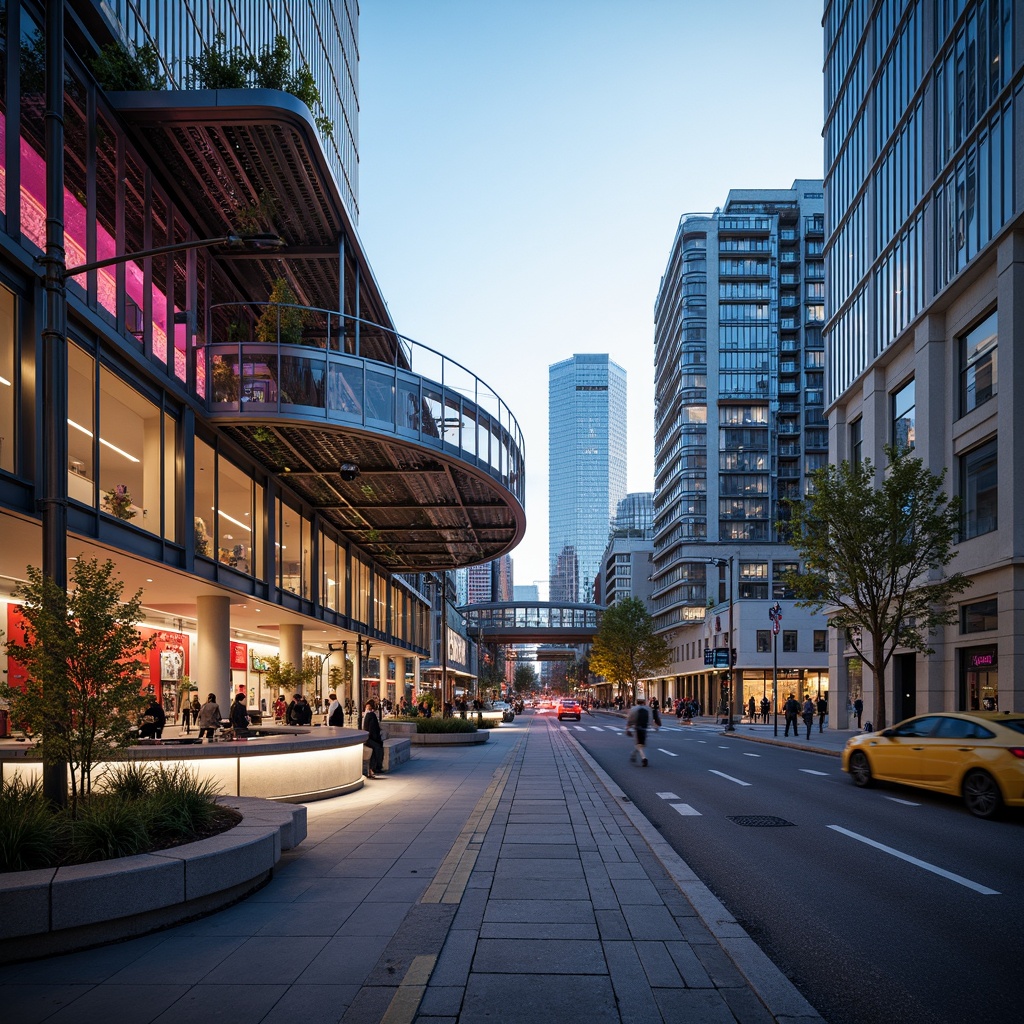 Prompt: Futuristic tram station, dynamic curves, LED light installations, metallic mesh facade, transparent glass walls, cantilevered roofs, angular columns, modern minimalist architecture, vibrant neon colors, urban cityscape, bustling streets, morning rush hour, soft warm lighting, shallow depth of field, 3/4 composition, panoramic view, realistic textures, ambient occlusion.