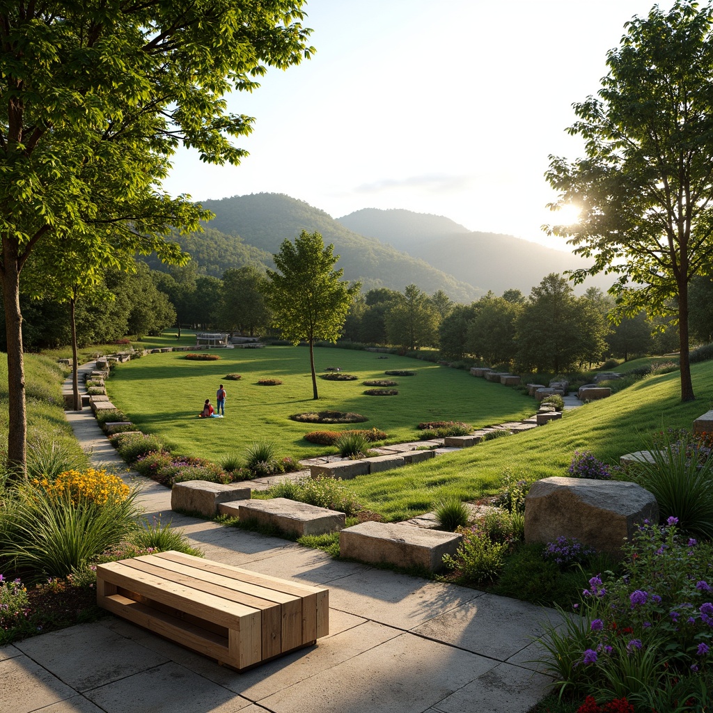 Prompt: Lush green hills, natural stone seating areas, meandering walkways, vibrant flower beds, ornamental grasses, rustic wooden benches, scenic overlooks, suburban amphitheater design, gentle slopes, soft warm lighting, shallow depth of field, 3/4 composition, panoramic view, realistic textures, ambient occlusion.