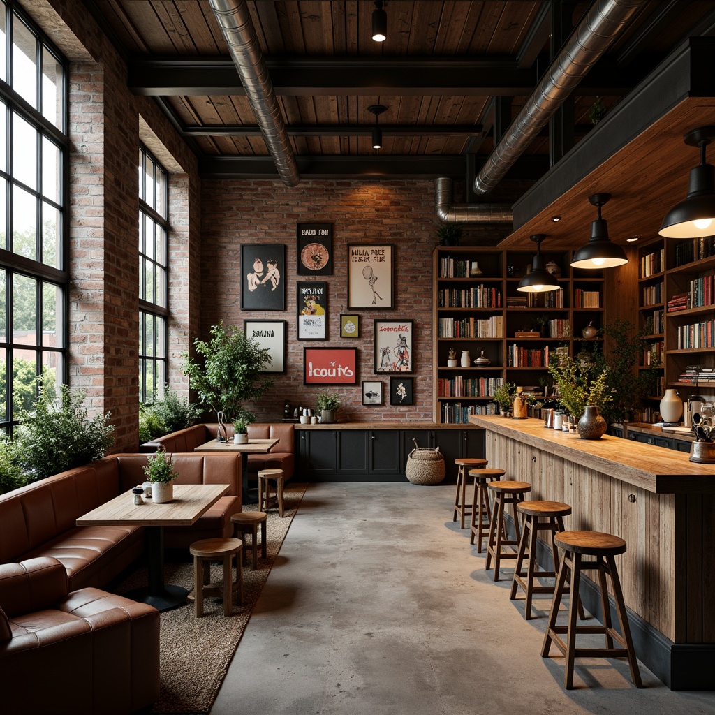 Prompt: Rustic wooden bar, industrial metal accents, vintage academic posters, rich leather sofas, reclaimed wood tables, dimmable pendant lamps, warm earthy tones, exposed brick walls, polished concrete floors, eclectic mix of antique and modern furniture, lush greenery, floor-to-ceiling bookshelves, cozy reading nooks, ambient warm lighting, 1/1 composition, shallow depth of field, realistic textures.