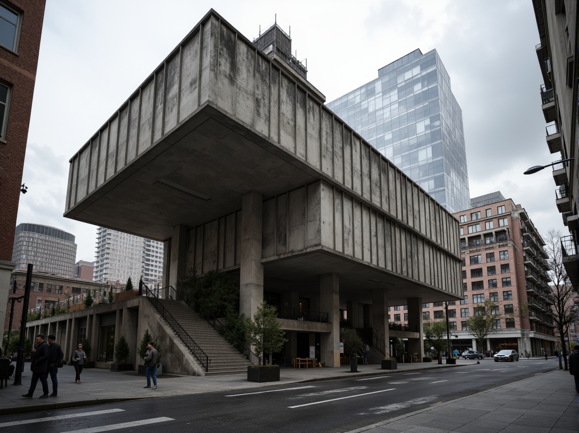 Prompt: Rugged brutalist building, exposed concrete structure, raw industrial materials, fortress-like fa\u00e7ade, dramatic cantilevered volumes, angular geometric shapes, monumental staircase, imposing columns, raw steel beams, urban cityscape, gritty asphalt pavement, moody overcast sky, high-contrast dramatic lighting, deep shadows, 1/1 composition, symmetrical framing, realistic weathering effects, ambient occlusion.