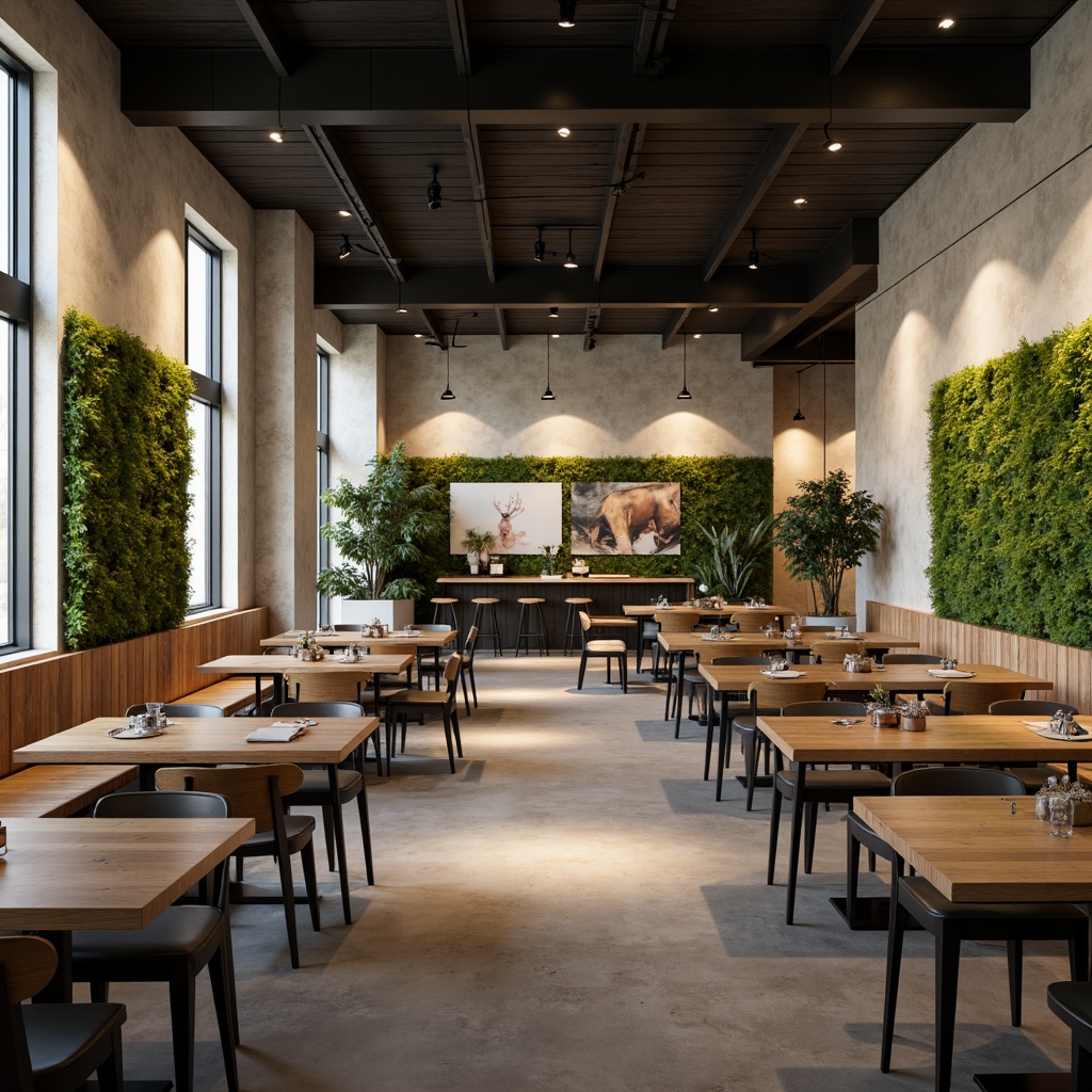 Prompt: Minimalist dining hall, open layout, high ceiling, polished concrete floor, sleek wooden tables, simple metal chairs, modern pendant lights, greenery walls, natural stone accents, abstract artwork, calm atmosphere, soft warm lighting, shallow depth of field, 1/1 composition, realistic textures, ambient occlusion.