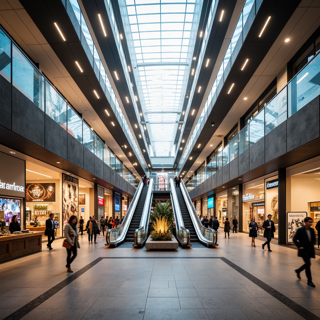 Prompt: Vibrant shopping mall, spacious atrium, natural light pouring in, escalators, elevators, sleek modern architecture, angular lines, polished marble floors, gleaming glass railings, bustling food court, diverse dining options, trendy fashion stores, luxury brand boutiques, colorful signage, LED displays, soft warm lighting, shallow depth of field, 3/4 composition, panoramic view, realistic textures, ambient occlusion.