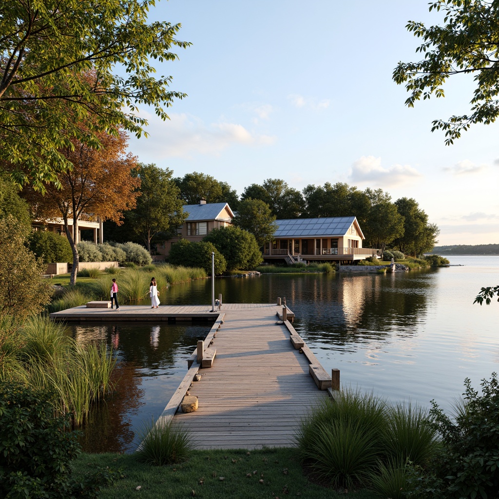 Prompt: Waterfront location, wooden dock, lush vegetation, solar panels, green roofs, rainwater harvesting systems, recycled materials, sustainable building practices, energy-efficient appliances, large windows, natural ventilation, minimalist design, eco-friendly paints, reclaimed wood accents, nautical-themed decor, marine-inspired color palette, serene lake views, soft warm lighting, shallow depth of field, 3/4 composition, panoramic view, realistic textures, ambient occlusion.