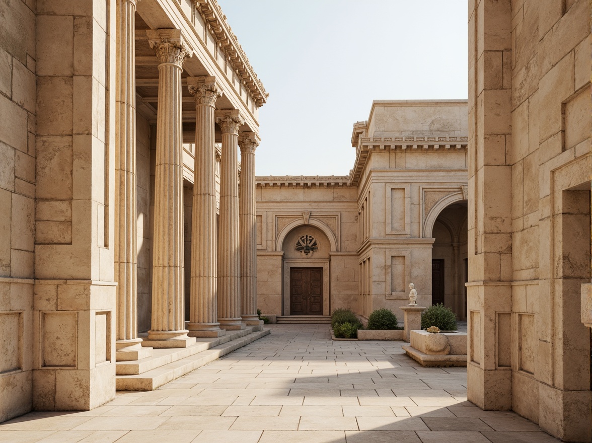 Prompt: Elegant ancient Greek temple, Doric columns, balanced proportions, harmonious facade, symmetrical composition, ornate carvings, subtle arches, refined moldings, limestone walls, weathered stone surfaces, soft afternoon light, warm beige tones, atmospheric perspective, 1/2 composition, realistic textures, ambient occlusion.