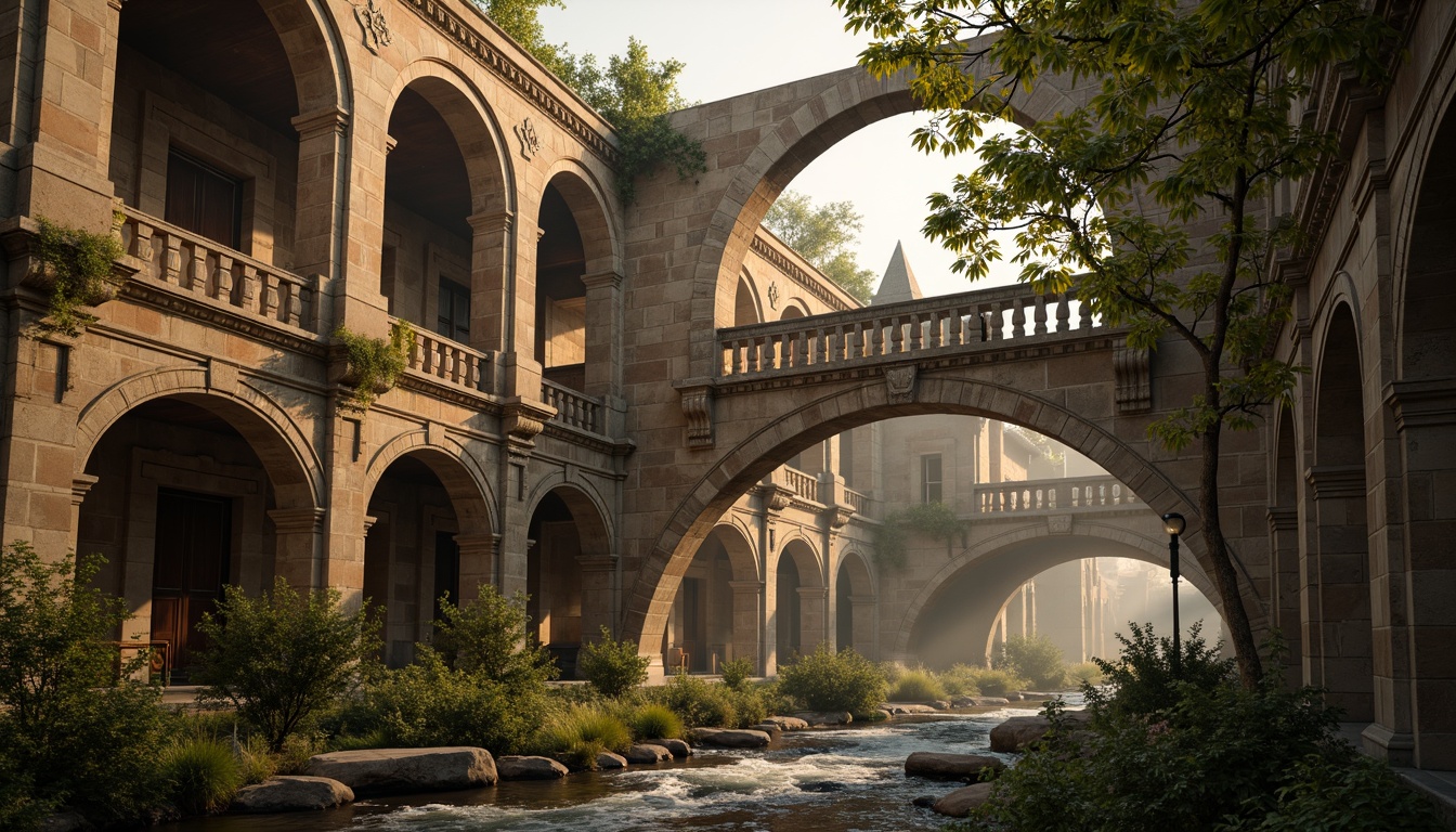 Prompt: Ancient stone bridges, Byzantine architectural style, ornate carvings, rusticated stonework, rounded arches, grandiose pillars, intricately patterned mosaics, warm golden lighting, subtle shading, misty atmospheric effects, dramatic composition, low-angle shot, cinematic realism, richly textured stones, weathered surfaces, moss-covered walls, serene natural surroundings, gentle water flow, soft foliage, morning dew, misty dawn atmosphere.