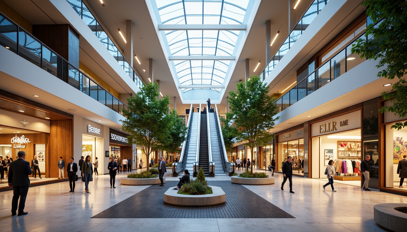 Prompt: Vibrant shopping mall, open atrium, natural light, elegant escalators, sleek modern architecture, spacious corridors, polished marble floors, upscale retail stores, trendy fashion boutiques, gourmet food courts, cozy seating areas, lush greenery, vibrant color schemes, ambient lighting, shallow depth of field, 1/1 composition, panoramic view, realistic textures, subtle reflections.