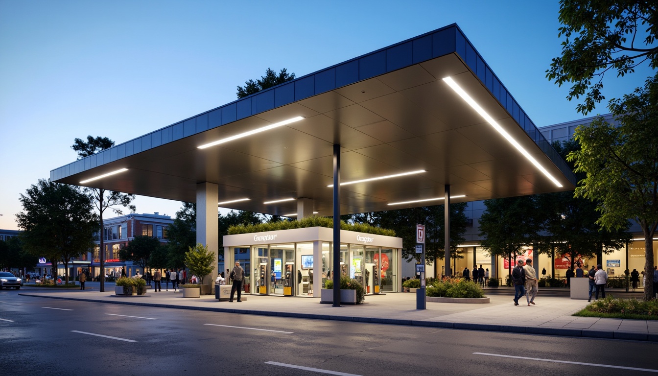 Prompt: Modern gas station, sleek metal canopy, LED lighting, polished concrete floors, stainless steel fuel pumps, futuristic design, angular lines, minimalist aesthetic, sustainable materials, recycled glass walls, solar panels, energy-efficient systems, green roofs, living walls, urban landscape, busy streets, vibrant cityscape, warm evening lighting, shallow depth of field, 1/2 composition, realistic textures, ambient occlusion.