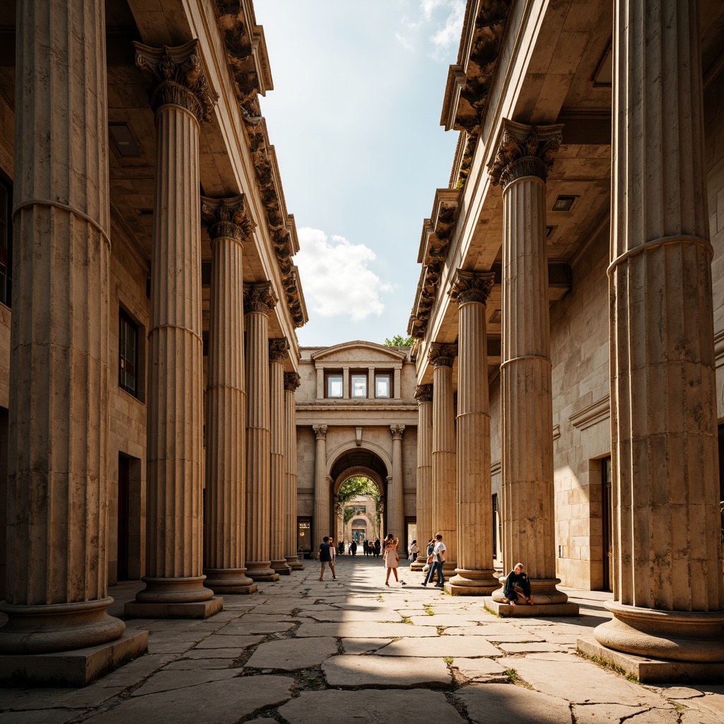 Prompt: Ancient Greek temple, imposing stone columns, ornate capitals, symmetrical structure, grand entrance, intricate carvings, weathered marble surfaces, natural light filtering, dramatic shadows, low-angle photography, atmospheric perspective, warm golden lighting, subtle texture details, 1/2 composition, cinematic view.