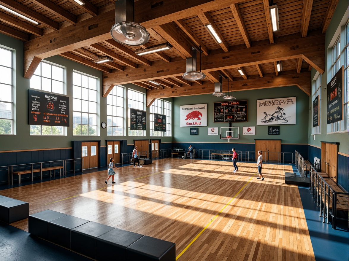 Prompt: Elegant gymnasium interior, ornate chandeliers, polished wooden floors, vibrant sports equipment, athletic tracks, basketball hoops, modern scoreboard displays, ornamental metal railings, intricate ceiling designs, large windows, natural light pouring in, warm ambient lighting, shallow depth of field, 3/4 composition, realistic textures, ambient occlusion.