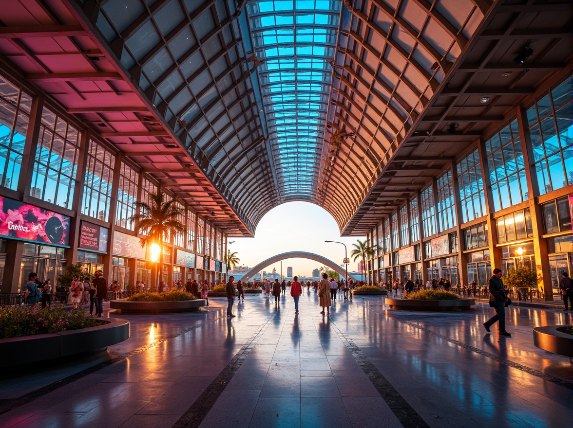 Prompt: Vibrant airport terminal, expressive curved lines, bold geometric shapes, dynamic LED light displays, futuristic metallic materials, reflective glass fa\u00e7ades, angular roof structures, modernist architecture, bustling international crowd, lively urban atmosphere, warm golden lighting, shallow depth of field, 3/4 composition, panoramic view, realistic textures, ambient occlusion.