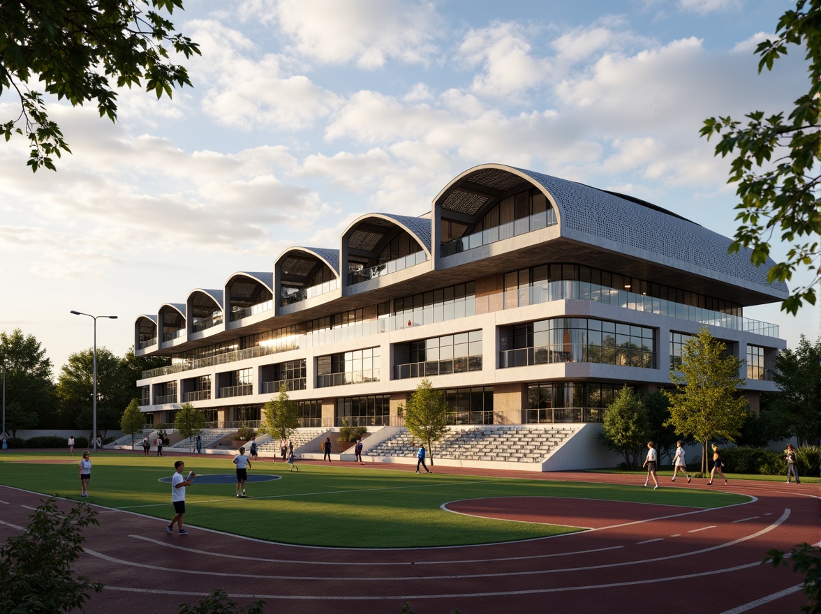 Prompt: Dynamic sports field facade, undulating rooflines, perforated metal panels, LED light installations, sleek glass surfaces, minimalist framework, cantilevered canopies, weather-resistant materials, wind-deflecting curves, sun-reflecting coatings, vibrant color schemes, geometric patterned walls, integrated scoreboard displays, athletic track markings, stadium-style seating, lush green surroundings, cloudy sky with warm sunlight, shallow depth of field, 2/3 composition, realistic textures, ambient occlusion.