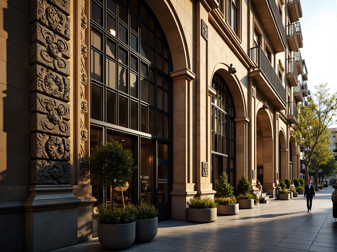 Prompt: Ornate iron cladding, rustic metal textures, modern Renaissance-inspired facades, grandiose arched windows, intricate stone carvings, ornamental metalwork, luxurious gold accents, elegant cornices, sophisticated column details, refined urban settings, afternoon sunlight, soft warm glow, 1/2 composition, shallow depth of field, realistic materials, ambient occlusion.