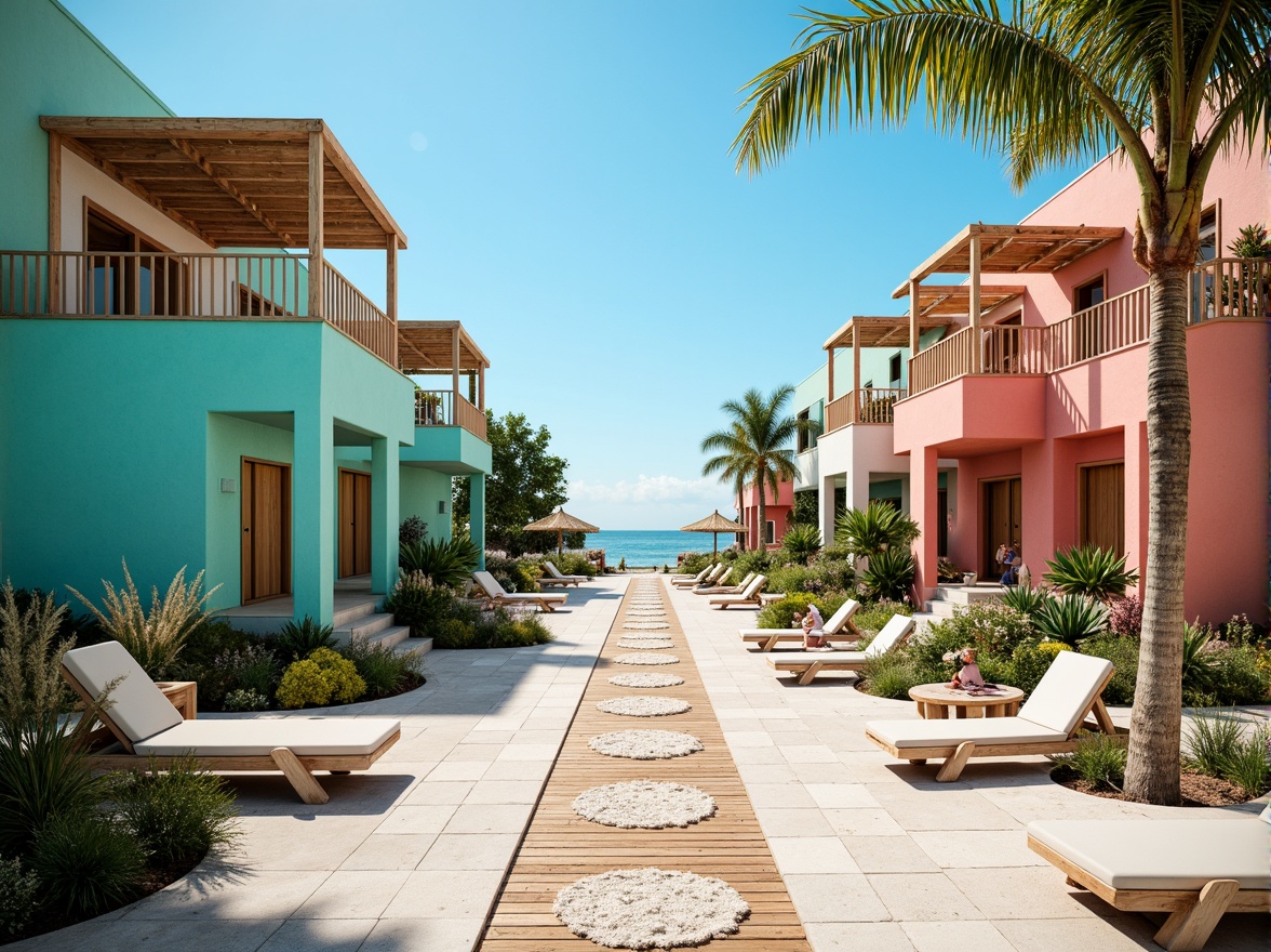 Prompt: Vibrant beachside villas, turquoise accented walls, coral-inspired facades, sandy beige rooftops, ocean-blue balconies, driftwood decorations, nautical-themed signage, weathered wooden decks, sea-salt sprinkled pathways, coastal landscape views, warm sunny days, soft gentle breezes, shallow depth of field, 1/2 composition, cinematic lighting, highly detailed textures, subtle ambient occlusion.