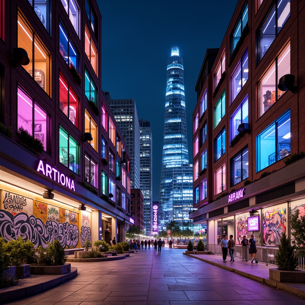 Prompt: Vibrant cityscape, neon-lit skyscrapers, bold graffiti murals, eclectic mix of art deco and industrial styles, exposed ductwork, polished concrete floors, bright color-blocking facades, LED light installations, futuristic cyberpunk atmosphere, dynamic angular shapes, high-contrast monochromatic accents, iridescent glass panels, holographic advertisements, radiant rainbows, whimsical street art, edgy urban vibe, dramatic nighttime illuminations, 1-point perspective composition, shallow depth of field, cinematic lighting effects.