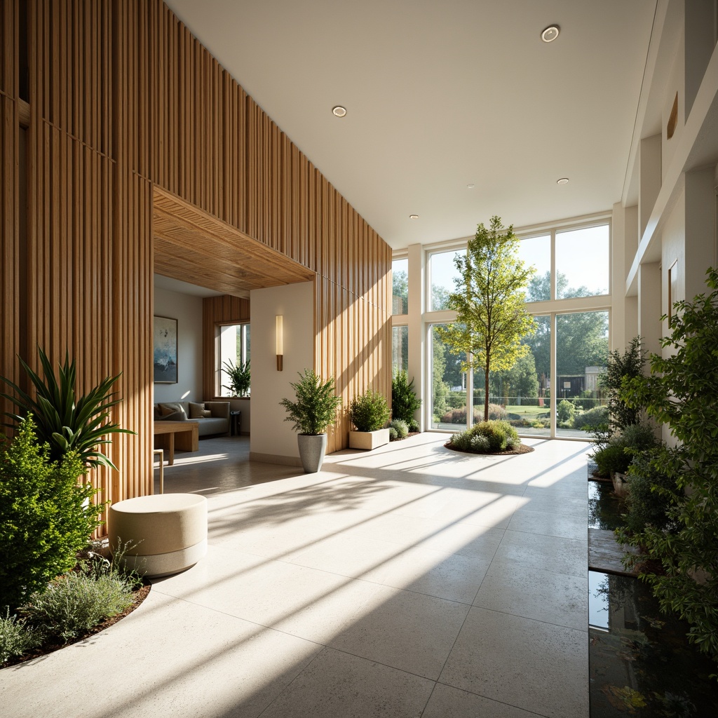 Prompt: \Soothing healthcare facility, abundant natural light, warm wooden accents, comfortable waiting areas, calming water features, lush green walls, serene patient rooms, minimalist decor, large windows, soft diffused lighting, subtle shading, 1/1 composition, shallow depth of field, realistic textures, ambient occlusion.\