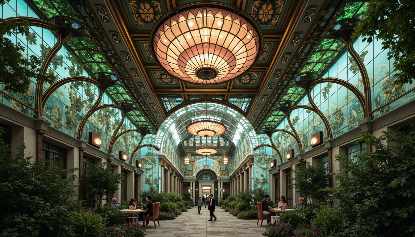 Prompt: Art Nouveau architecture, ornate metalwork, flowing organic lines, vibrant turquoise, rich emerald green, warm golden bronze, soft blush pink, iridescent mother of pearl, luminous opaline glass, intricate florid patterns, sensual curvilinear forms, whimsical botanical motifs, luxurious velvet textures, dramatic chiaroscuro lighting, 1/2 composition, soft focus, dreamy atmosphere.