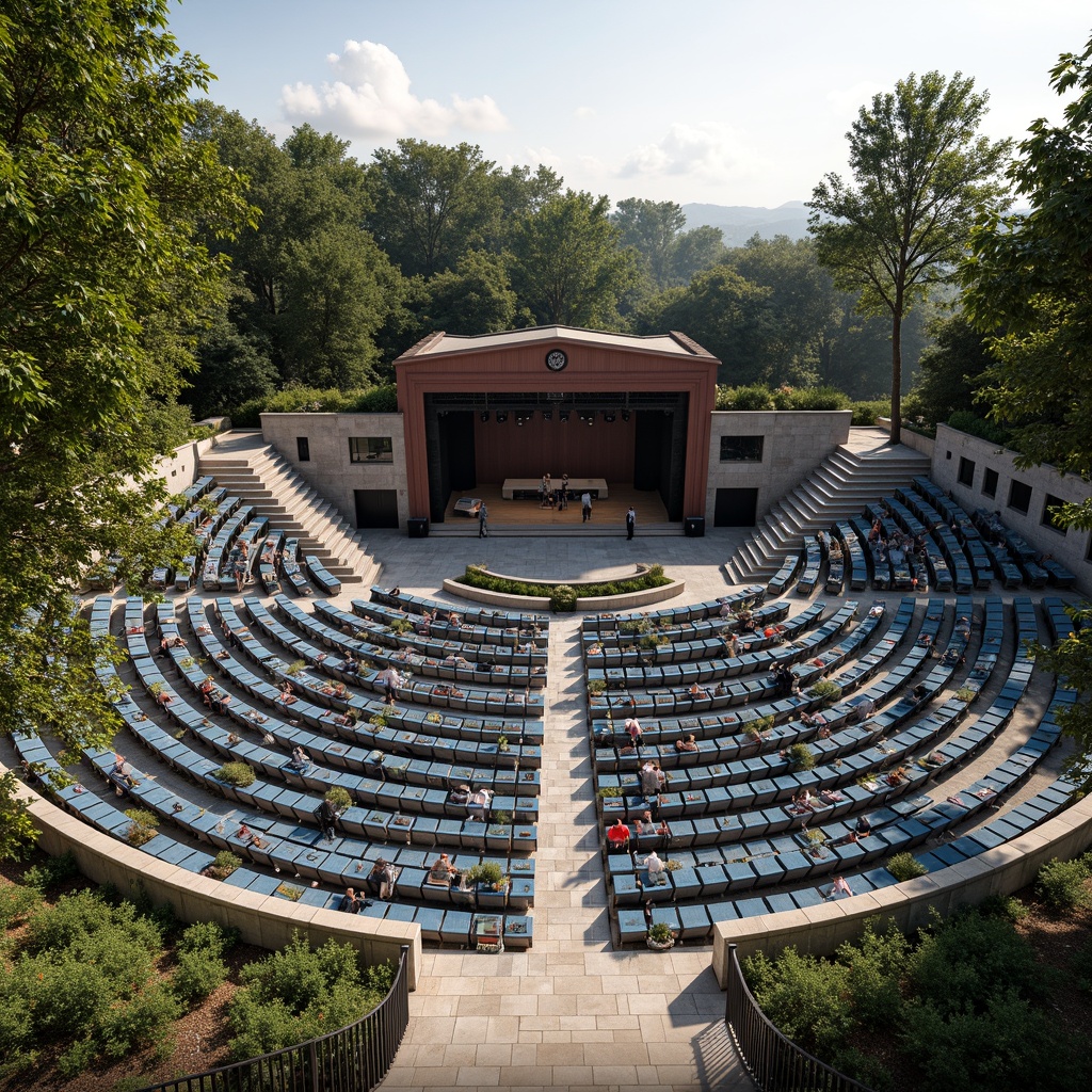 Prompt: Grand amphitheater design, tiered seating arrangement, comfortable cushioned chairs, vibrant blue upholstery, metal railings, natural stone steps, lush greenery surroundings, sunny day, soft warm lighting, shallow depth of field, 3/4 composition, panoramic view, realistic textures, ambient occlusion, circular stage, wooden flooring, elevated speaker systems, acoustic panels, backstage areas, performer waiting zones, VIP seating sections, accessible ramps, stairs with handrails.