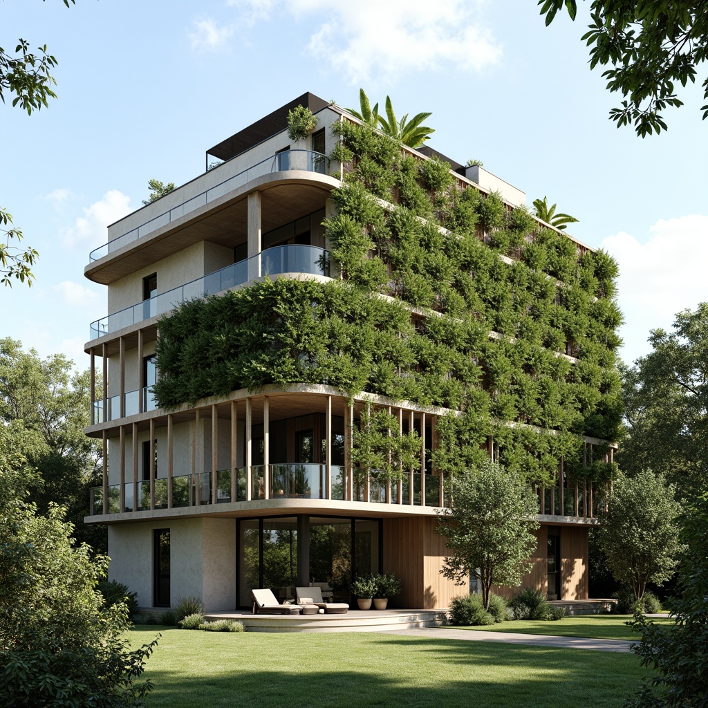 Prompt: Rear facade, living walls, green roofs, solar panels, recycled metal cladding, low-carbon concrete, FSC-certified wood, bamboo facades, translucent insulation, double-glazed windows, natural ventilation systems, passive house design, zero-energy buildings, eco-friendly coatings, water-harvesting systems, rainwater recycling facilities, urban heat island mitigation, biodiversity conservation, lush greenery, vibrant flowers, modern sustainable architecture, minimalist design, shallow depth of field, 3/4 composition, panoramic view, realistic textures, ambient occlusion.