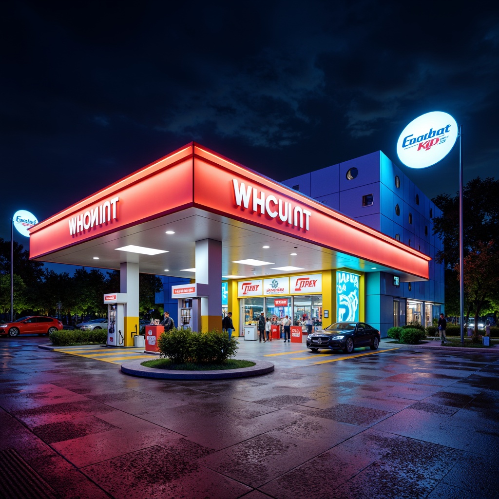 Prompt: Vibrant gas station, neon lights, bold typography, geometric patterns, retro-futuristic vibe, pastel hues, metallic accents, industrial chic, modernist architecture, sleek lines, minimalist design, bold color blocking, electric blue, sunshine yellow, fire engine red, deep black, polished chrome, LED light installations, nighttime ambiance, shallow depth of field, 3/4 composition, panoramic view, realistic textures, ambient occlusion.