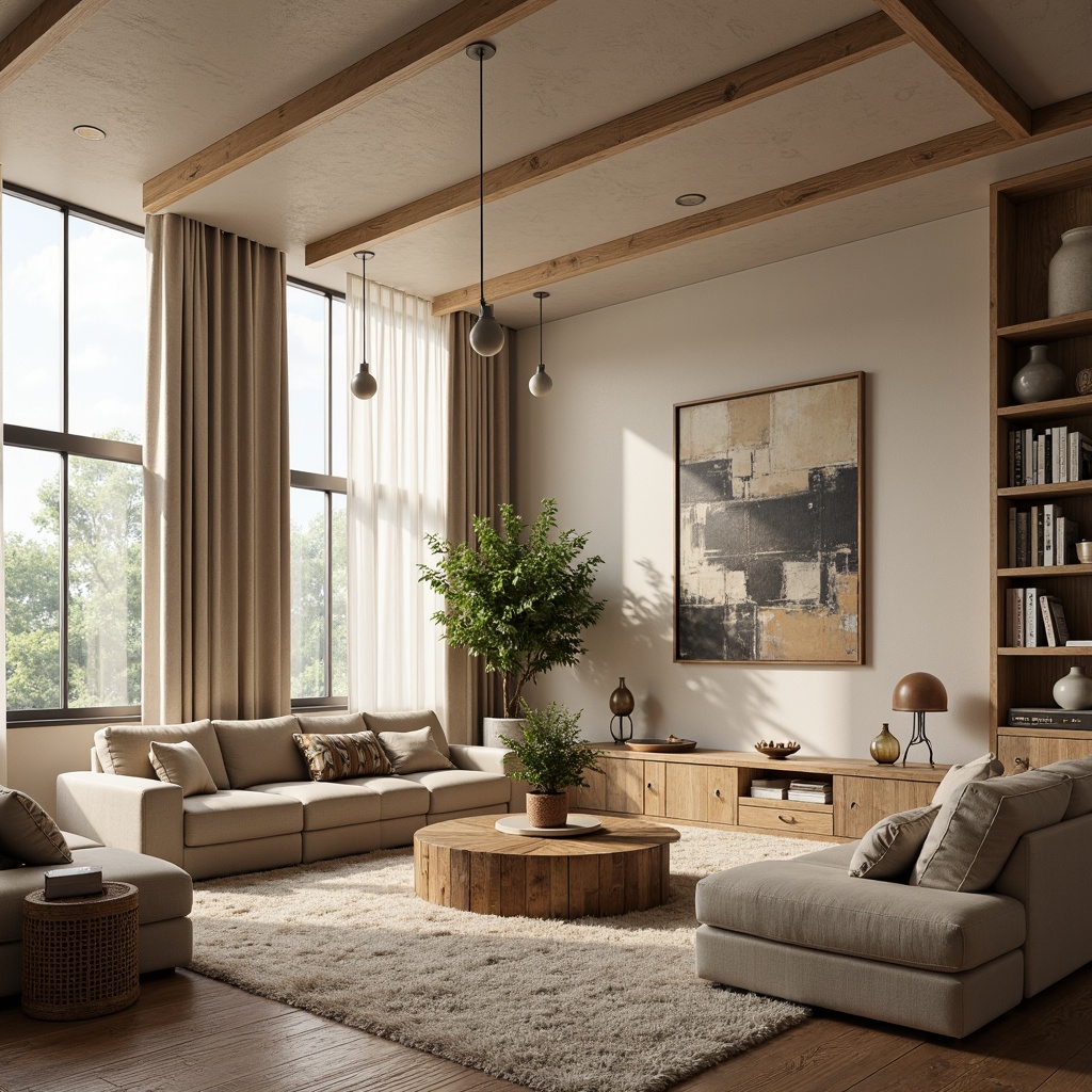 Prompt: Cozy living room, plush furniture, warm neutral tones, natural textures, wooden accents, soft carpeting, floor-to-ceiling windows, sheer curtains, pendant lighting, modern minimalist decor, abstract artwork, comfortable seating areas, built-in shelving, rustic wooden coffee table, fresh greenery, subtle aromas, inviting atmosphere, 1/1 composition, warm color temperature, softbox lighting, realistic reflections.