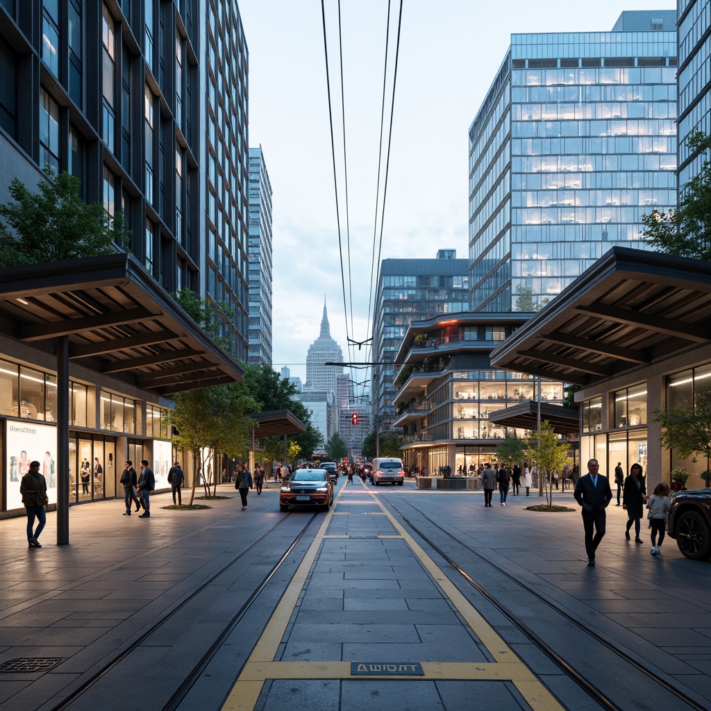 Prompt: Modern tram station, sleek glass facade, angular metal frames, dynamic LED lighting, futuristic curves, cantilevered roofs, green walls, urban landscape, busy city streets, morning rush hour, soft natural light, shallow depth of field, 1/1 composition, panoramic view, realistic reflections, ambient occlusion, minimalist benches, modern signage, sustainable materials, eco-friendly design, innovative ventilation systems, shaded waiting areas, misting systems, geometric patterns, vibrant colorful accents.