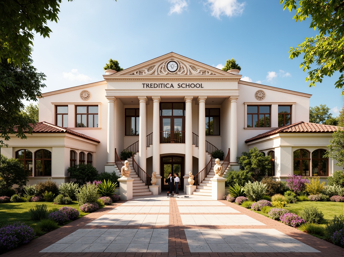 Prompt: Elegant school building, symmetrical fa\u00e7ade, ornate columns, arched windows, rusticated base, grand entrance, sweeping staircases, polished marble floors, intricate moldings, classical statues, vibrant greenery, blooming flowers, sunny day, soft warm lighting, shallow depth of field, 3/4 composition, panoramic view, realistic textures, ambient occlusion.Please let me know if this meets your requirements!